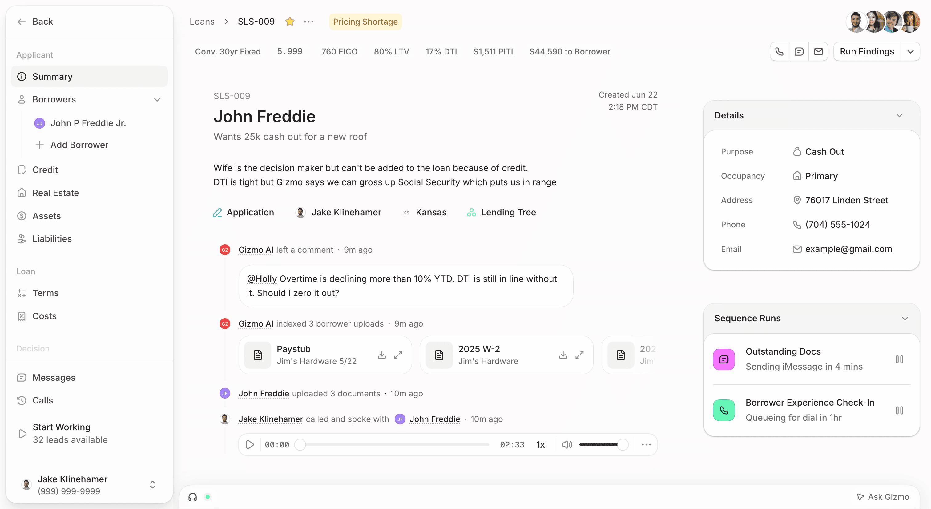 Screenshot of a loan profile in Gizmo