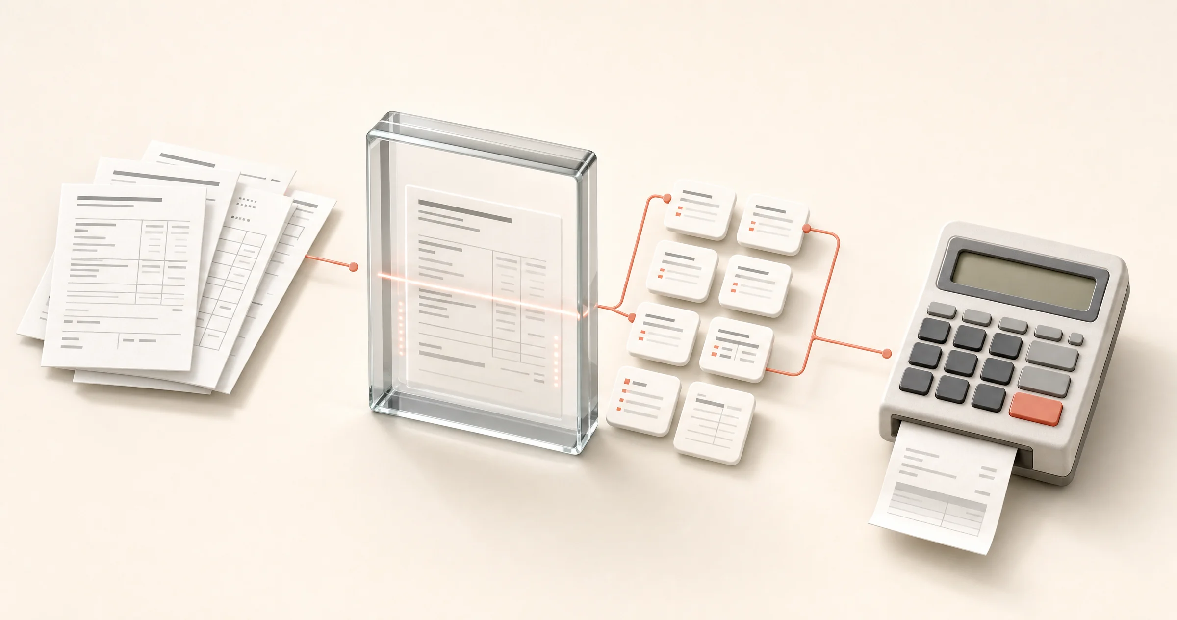 Mortgage documents pass through a glass scanner into structured data cards connected to a calculator.