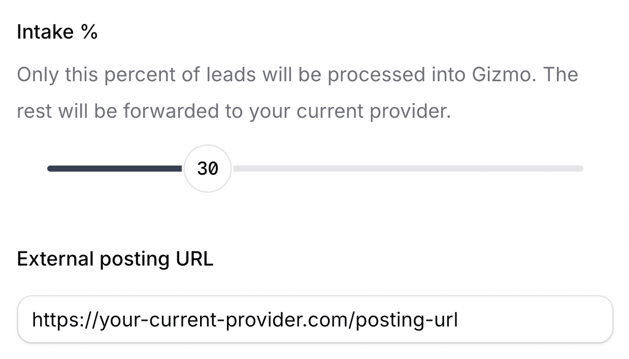 A screenshot showing the Intake Percent setting for a given lead provider in Gizmo